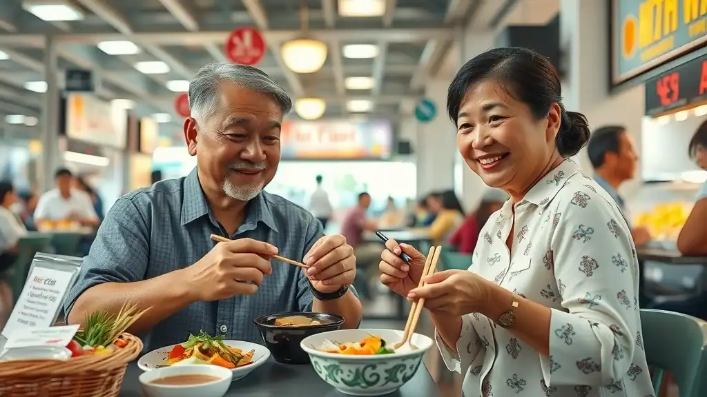 Modern Malaysian hawker stall with mature couple enjoying affordable, colorful dishes - Affordable Malaysia street food