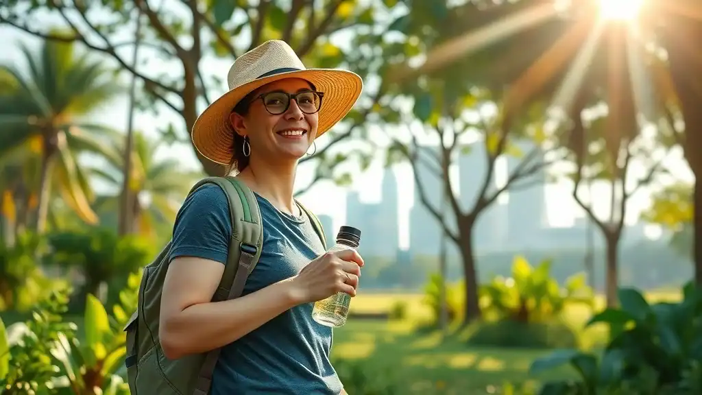 Singapore tourist tips – Active traveler in lush city park, happy and comfortable, holding water bottle and sunhat, iconic skyline in distance, photorealistic.
