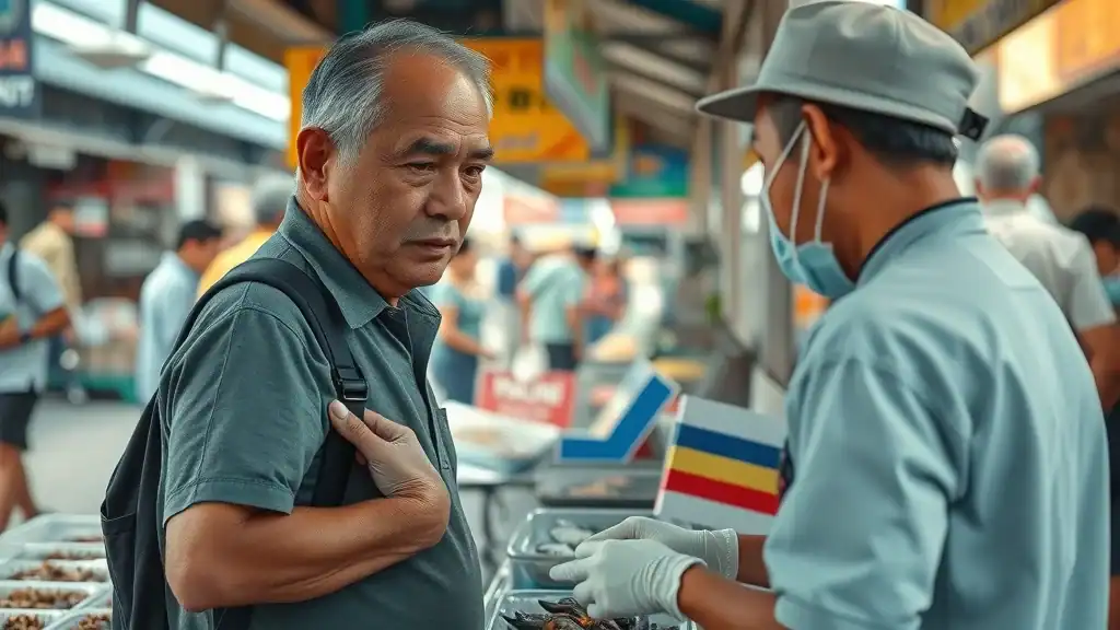 Clean Malaysian street food stall with mature traveler observing hygienic vendor preparing fresh seafood - Malaysia street food safety