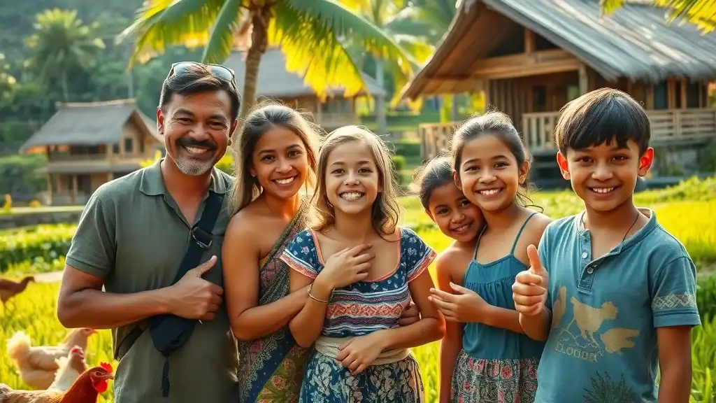 Authentic Balinese rural life, local family greeting travelers beside rice fields - Bali travel guide