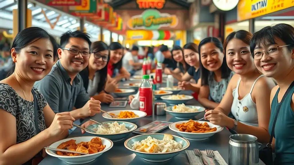 Singapore tourist tips – Appetizing hawker center table, cheerful travelers enjoying traditional street food like chicken rice, satay, and laksa in a colorful busy food court, photorealistic.