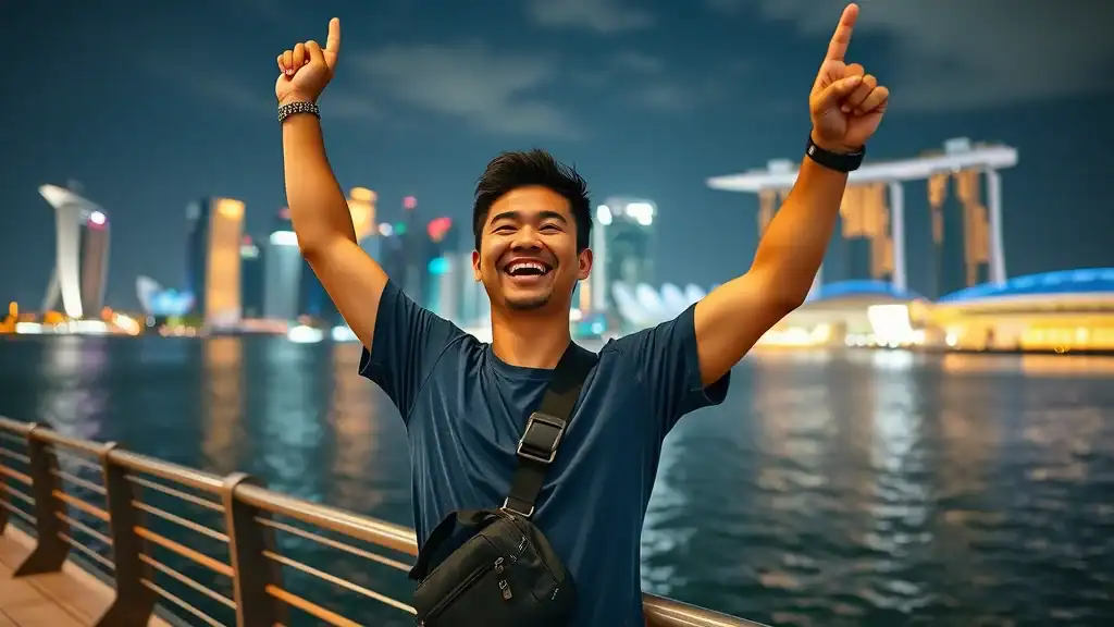 excited traveler singapore marina bay night skyline solo adventure wearable gadgets city lights