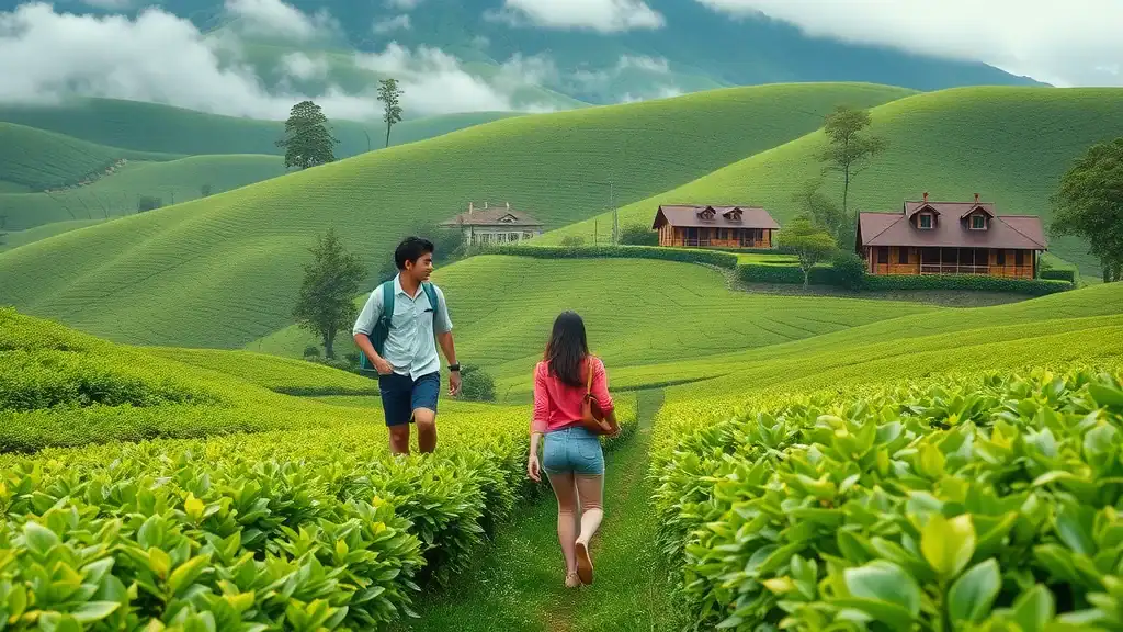 Cameron Highlands tea plantation fields with travelers strolling and enjoying nature, part of a malaysia travel itinerary