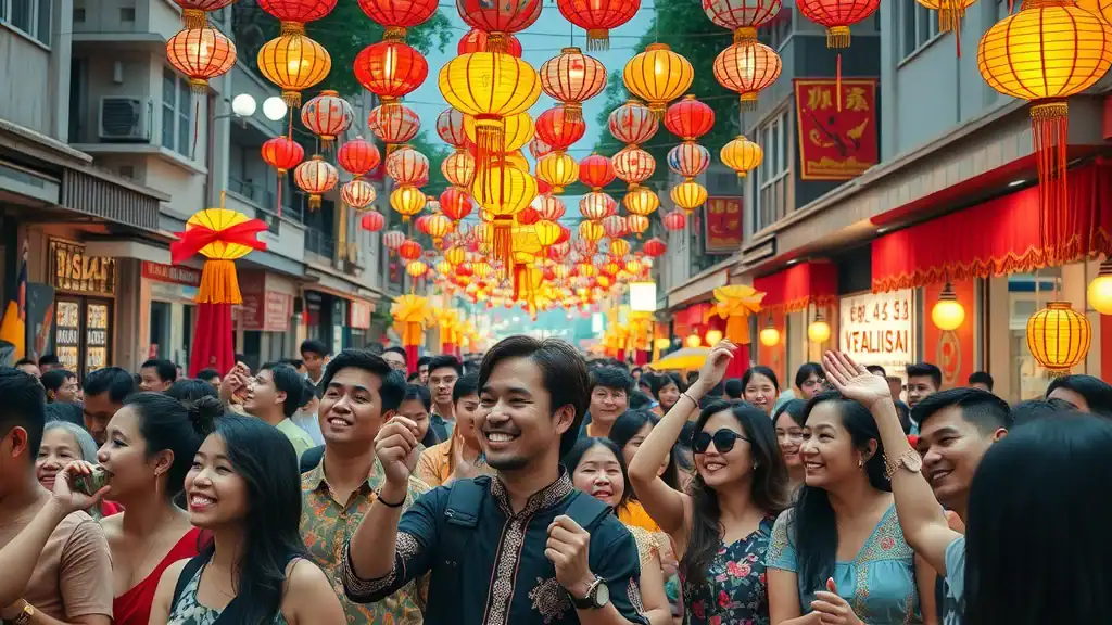Festive Malaysian street festival with lanterns, diverse crowds, and dancers—timing your malaysia travel itinerary for local events