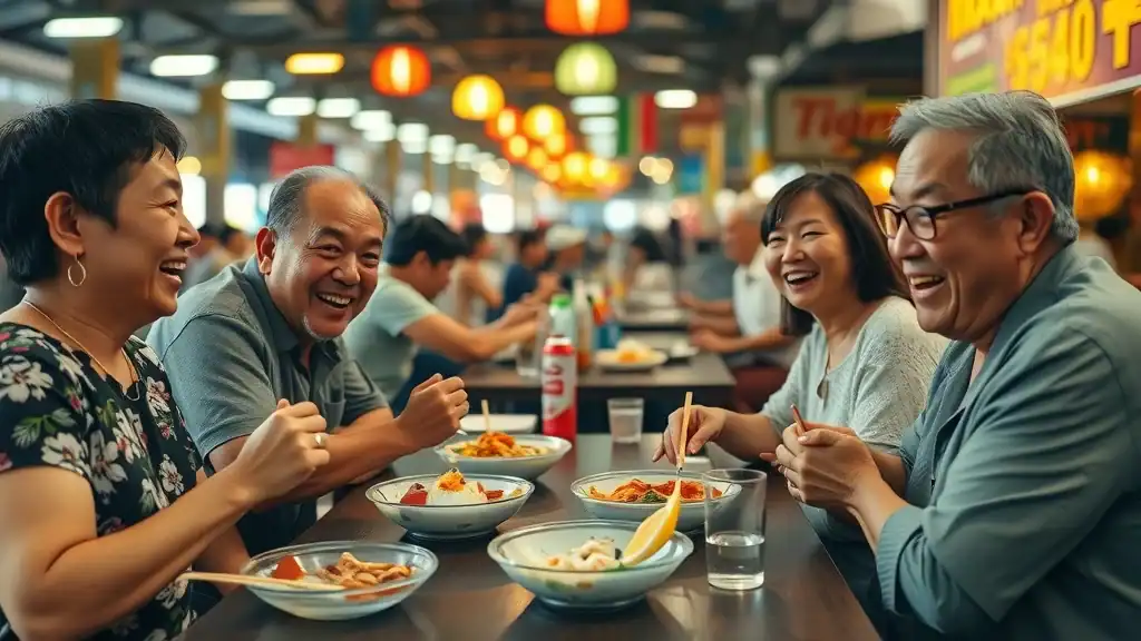 Lively Malaysian food court with mature travelers sharing dishes and animated conversations - Malaysia street food dining experience