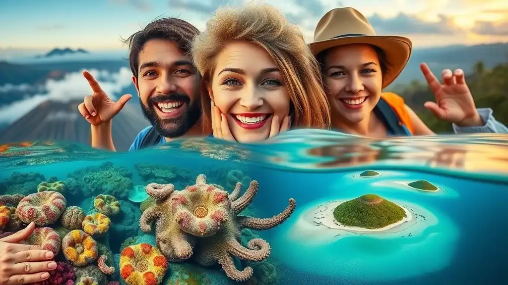 Multi-island Indonesian landscape featuring boats, lush greenery, ocean and vibrant scenery for the ultimate indonesia itinerary 2 weeks journey.