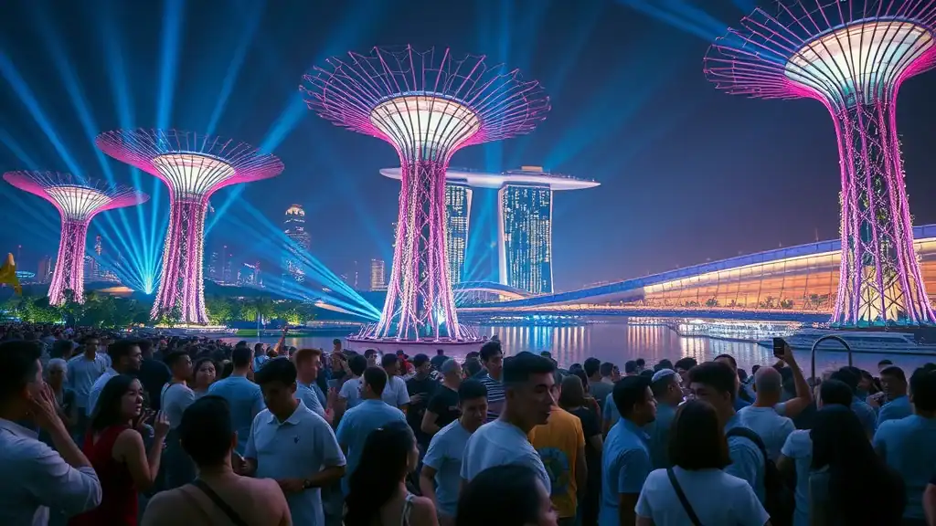 Dynamic night scene at Marina Bay with illuminated Supertrees and lively crowds enjoying the light show