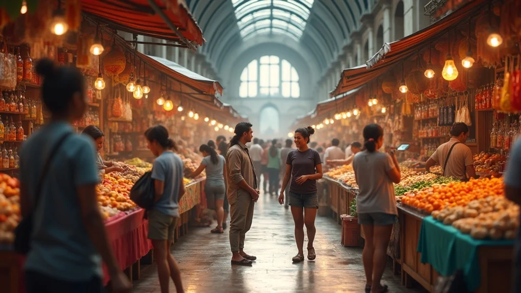 Central Market Kuala Lumpur travel guide: Bustling interior with diverse vendors, colorful handicrafts, and warm lighting under arched glass ceilings, highly detailed photorealistic rendering.