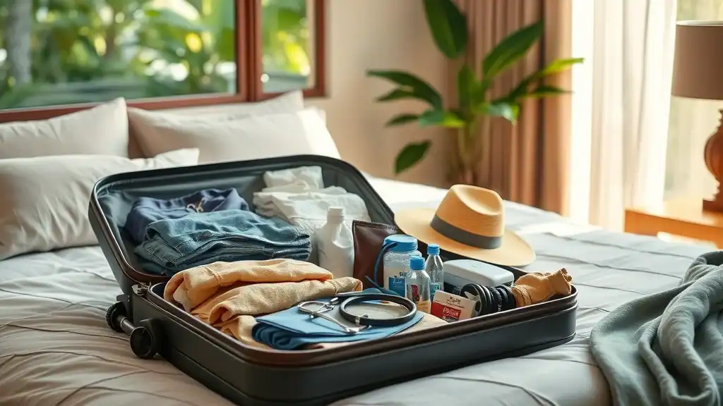 Organized travel essentials for mature adventurers, including health and mobility items, tailored for the best Southeast Asia travel tips.