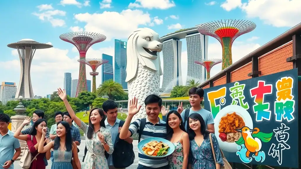 Collage of must-see Singapore attractions, including Merlion Park, Supertrees, Hainanese Chicken Rice, and street art