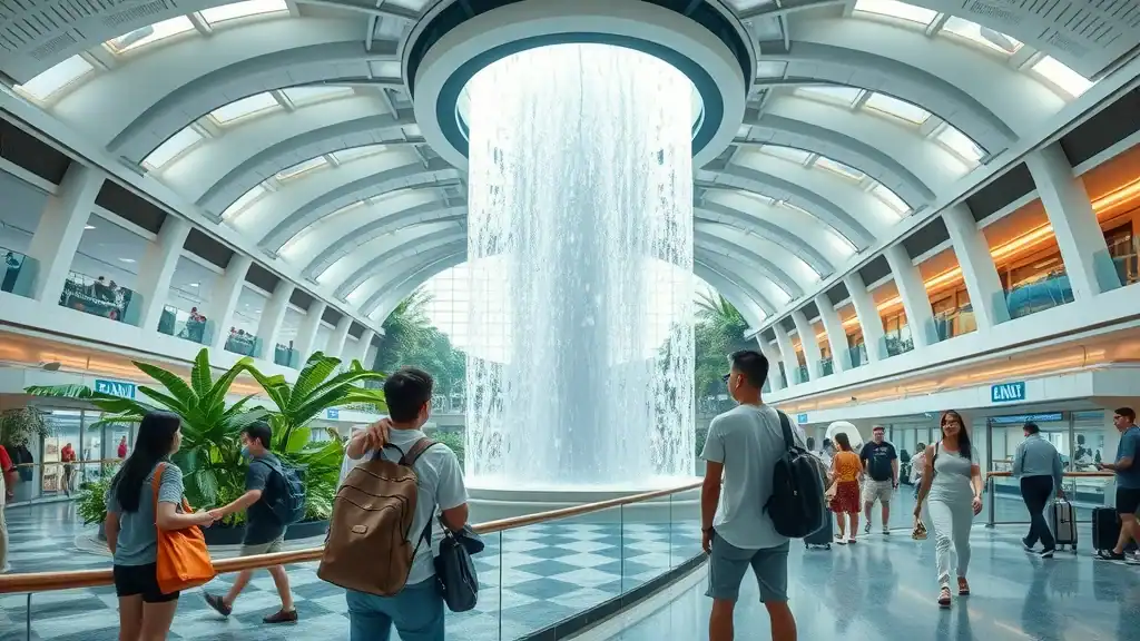 Singapore tourist tips – Futuristic Changi Airport interior, travelers admiring Rain Vortex indoor waterfall, lush green gardens, modern terminal lit with natural and spotlights, photorealistic.