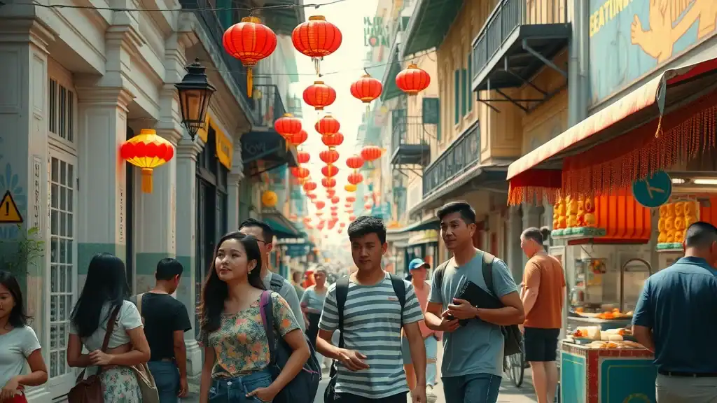 Travelers and locals mingling among heritage shophouses, street art, and hawker food stalls in vibrant George Town, essential in a malaysia travel itinerary.