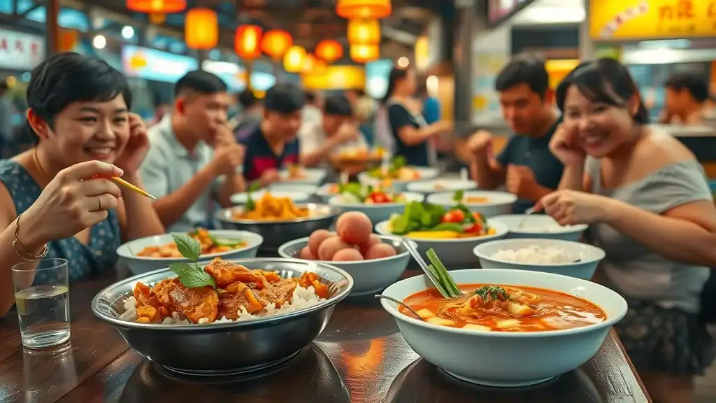Mouthwatering Singaporean hawker food at a communal table, with chili crab, Hainanese chicken rice, and laksa