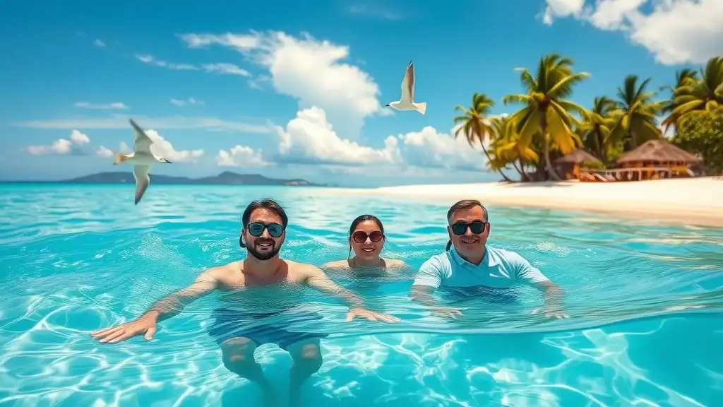 Perhentian Islands clear blue water and white sand beach, travelers snorkeling on a malaysia travel itinerary