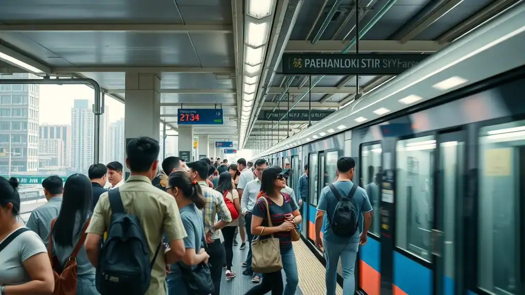 Lively Bangkok Skytrain station platform - tourists and locals waiting as a modern train arrives, in an elevated station with cityscape views. - efficient transport thailand travel hacks