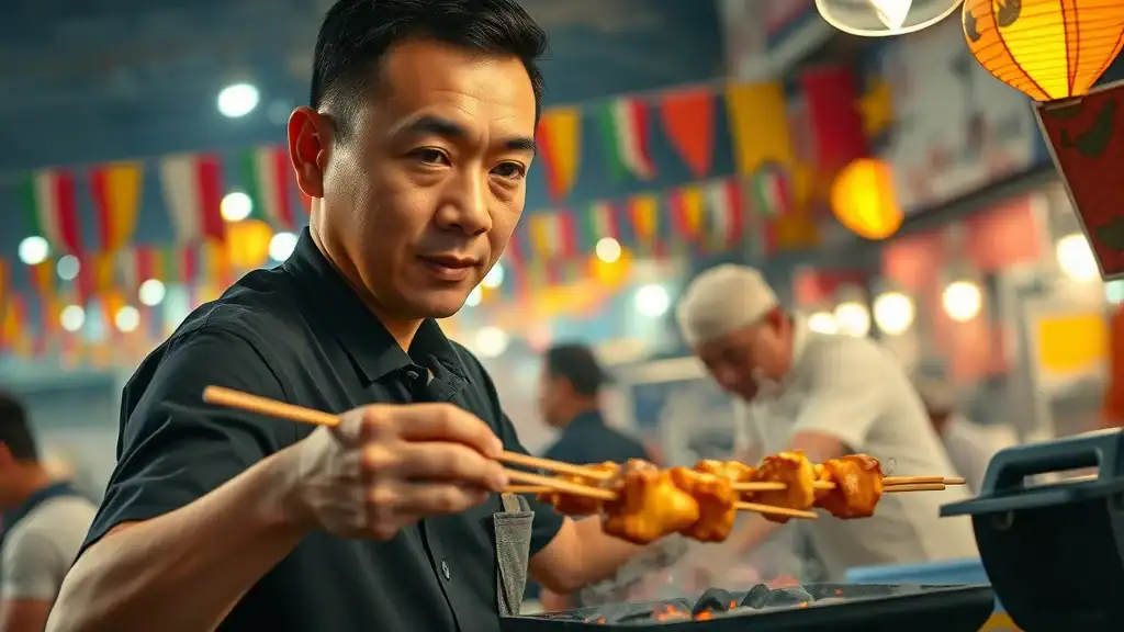 Skilled Malaysian street food vendor grilling satay skewers over charcoal - Malaysia street food vendor demonstration