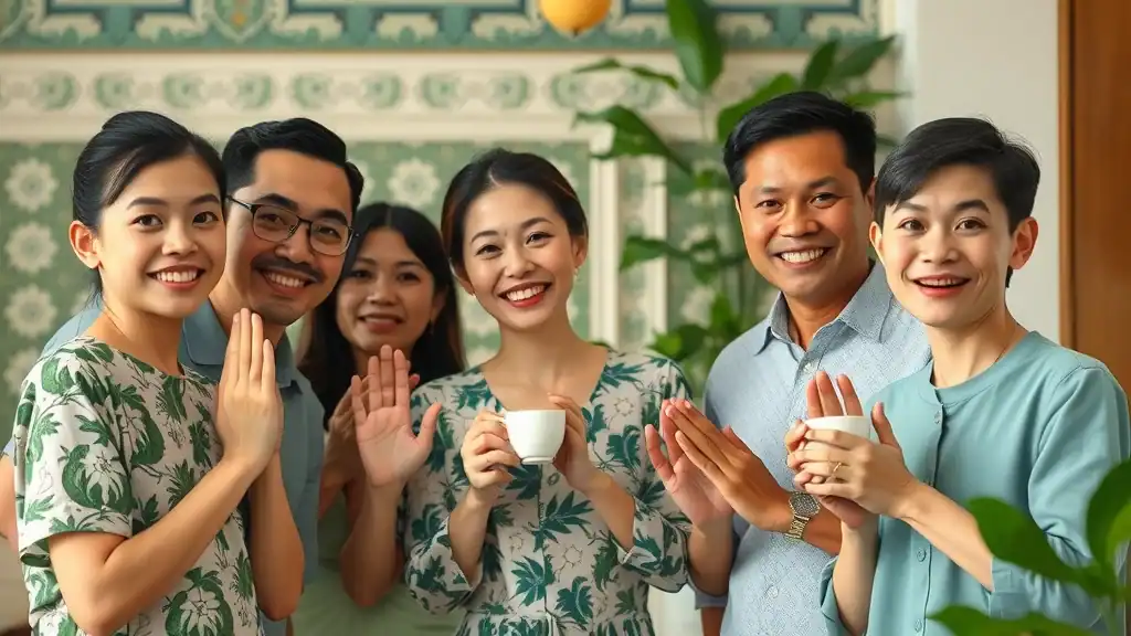 Singapore tourist tips – Welcoming local Singaporean family demonstrating a respectful greeting, Peranakan backdrop, tea cups, and soft focused realism.