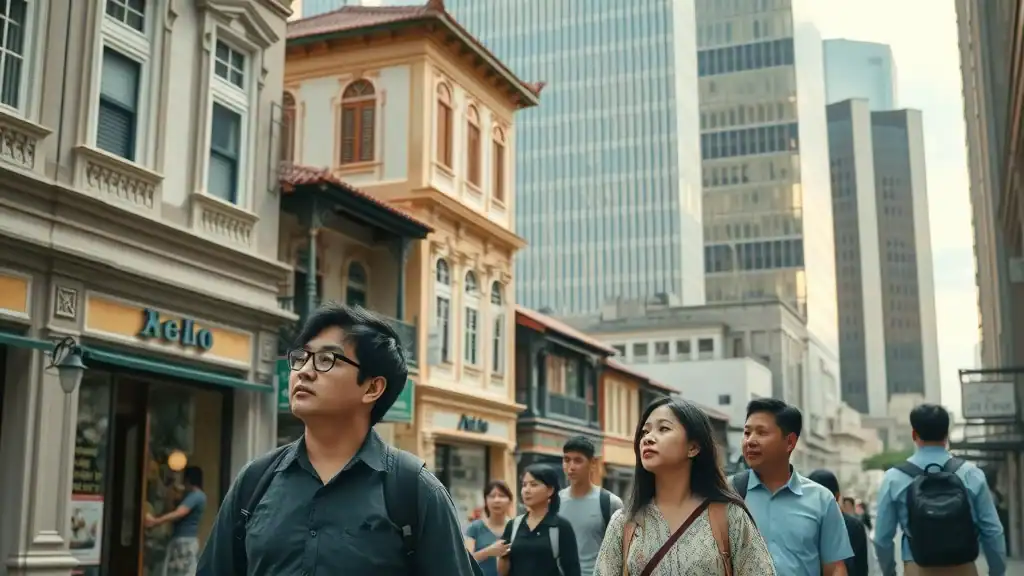 Charming historical shophouses alongside modern skyscrapers on a city walking tour in Singapore