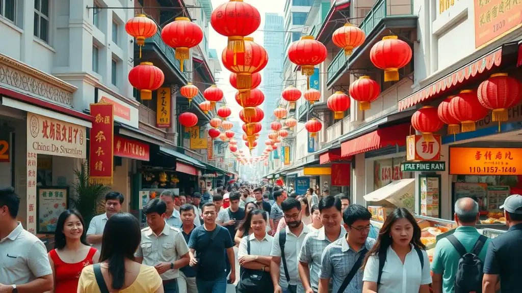 Vibrant city streets of Singapore bustling with diverse crowds in Chinatown with colorful shop houses, lanterns, and food stalls