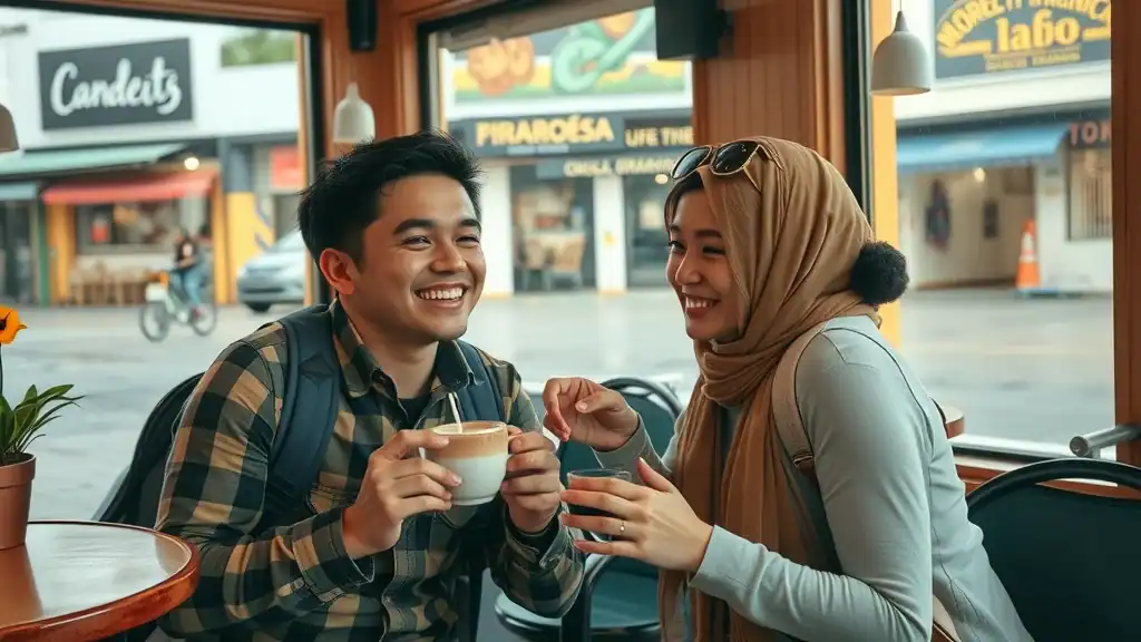 Travelers delighted by discovering a cozy café in Ipoh, with street art and pastries, reflecting hidden gems in a malaysia travel itinerary.