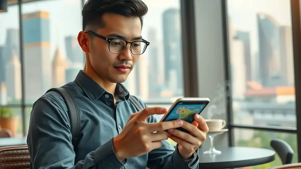 Modern traveler reviewing travel apps on smartphone at a trendy Bangkok cafe with cityscape view. - top apps for thailand travel hacks