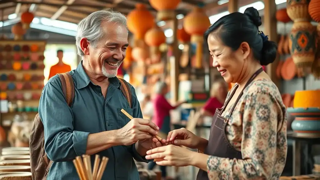 Mature Western traveler building cultural understanding with a local Southeast Asian artisan—demonstrating respectful, insightful travel in line with the best Southeast Asia travel tips.