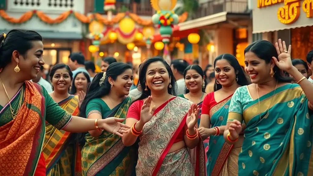 A harmonious blend of multicultural people in traditional attire celebrating in Little India, Singapore