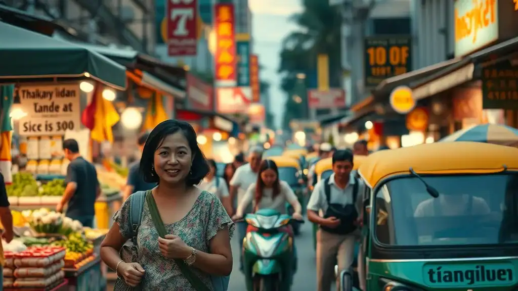 thailand travel vibrant thai cityscape cheerful locals candid street scene with bustling market activity in urban bangkok illuminated vendor stalls tuk-tuks ultra realistic