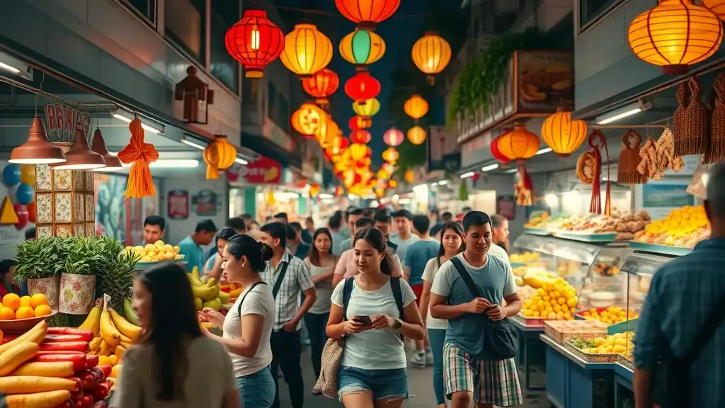Vibrant street market in Chiang Mai - cheerful locals and tourists exploring colorful food stalls, fresh tropical fruit, and Thai street food at an open-air bustling night market lit with lanterns. - thailand travel hacks