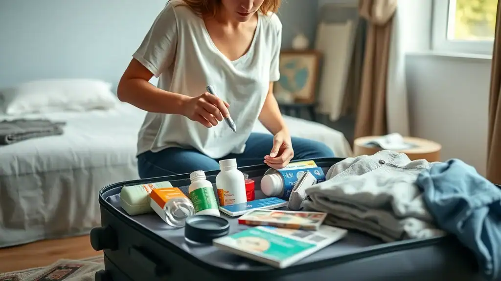 Organized traveler packing health essentials for Thailand: arranging sunscreen, first aid, and lightweight clothing in a sunny guesthouse room. - thailand health packing travel hacks