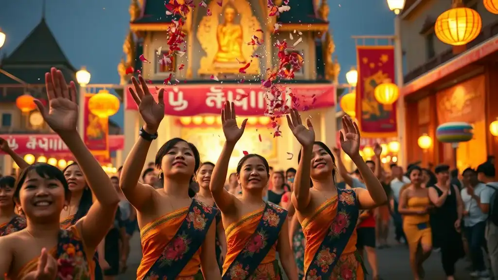 thailand travel joyful festival songkran loy krathong local celebration lanterns temple square flower petals water