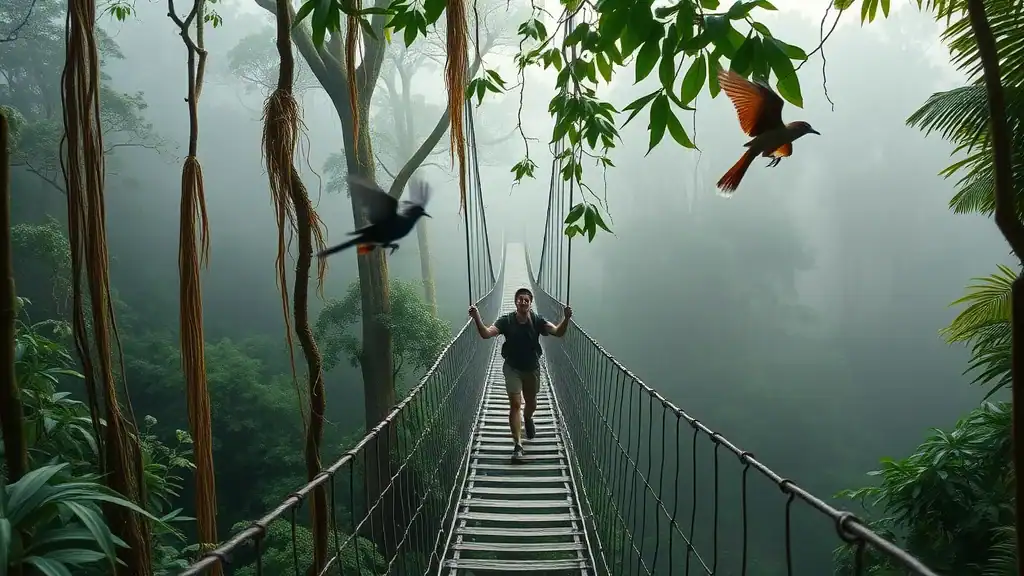 Trekker crossing a canopy bridge in the misty rainforest of Taman Negara National Park, a top adventure on any malaysia travel itinerary.