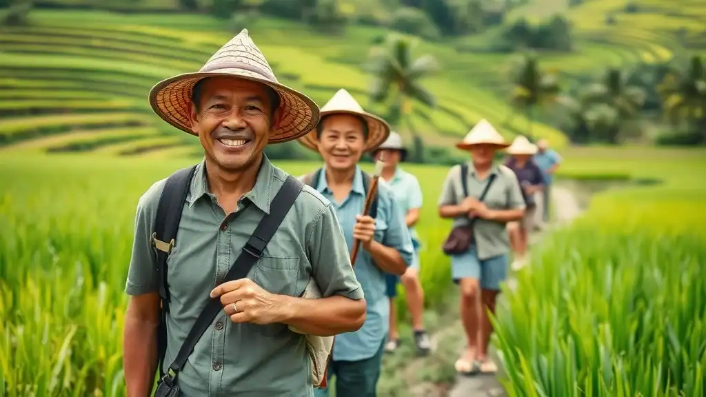 Knowledgeable local Balinese guide leading travelers through lush rice fields, key to Bali travel secrets