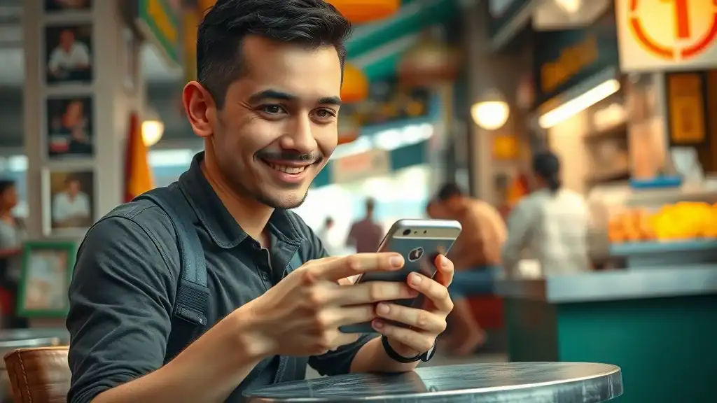 Curious traveler using smartphone translation app at a Thai cafe with a local vendor. - thai language and google translate thailand travel hacks