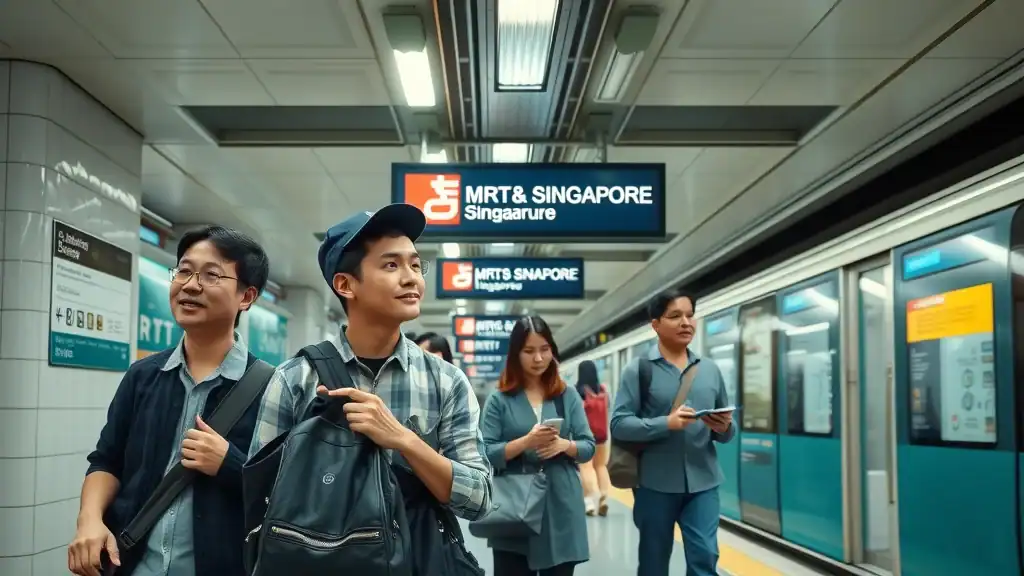 Singapore tourist tips – Efficient Singapore MRT station, travelers and locals waiting on platform, clean modern design, vivid teal and yellow details, photorealistic and sharp.