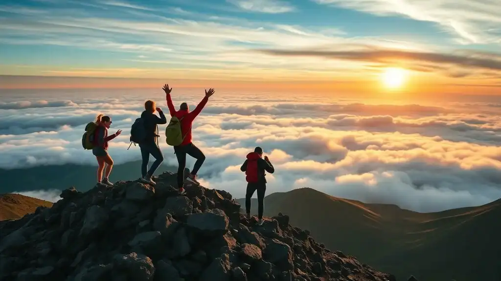 Majestic volcano sunrise trek with exhilarated hikers at summit - Bali travel guide