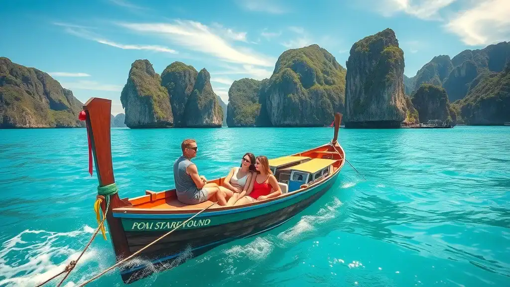 Scenic longtail boat on crystal-clear waters near Phi Phi Islands with smiling travelers and dramatic limestone cliffs. - phi phi thailand travel hacks