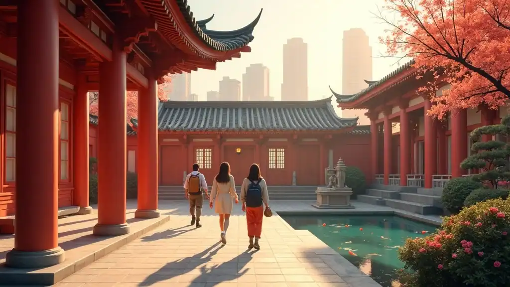 Thean Hou Temple Kuala Lumpur travel guide: Serene courtyard with ornate pillars and vivid details, peaceful visitors amid blooming shrubs and city skyline, photorealistic rendering.