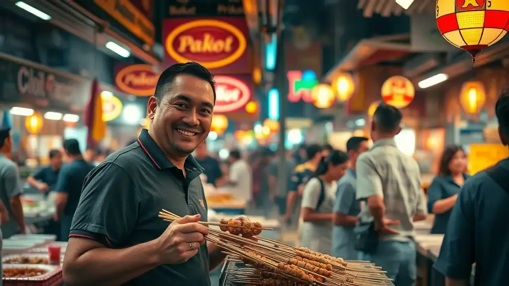 bangkok street food night market thailand vendor grilling skewers tourists neon atmosphere vibrant