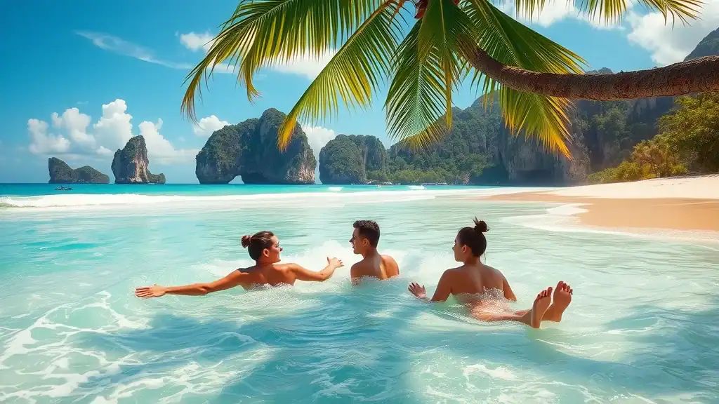 phuket thailand tropical white sand beach crystal turquoise sea sunbathing couple lush cliffs in midday sunshine