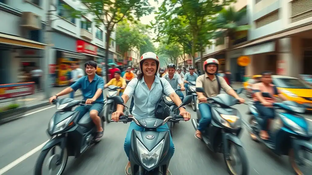 Dynamic Vietnam street view with group of happy travelers riding motorbikes and bicycles along a lively boulevard, perfect for discovering Vietnam’s urban energy.
