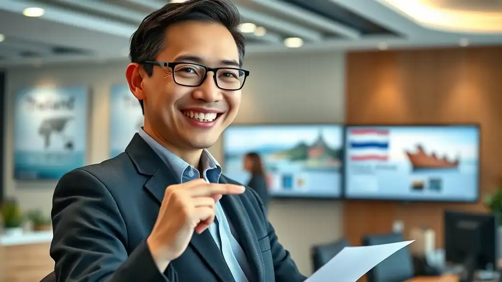 friendly travel consultant offering advice to travelers thailand travel updates modern office