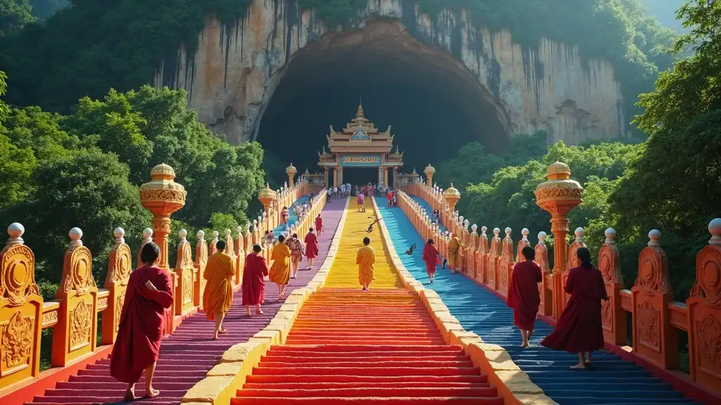 Batu Caves Kuala Lumpur travel guide: Colorful entrance with visitors climbing the rainbow staircase to the limestone cave temple, photorealistic scene with vibrant temple details and green hillside.