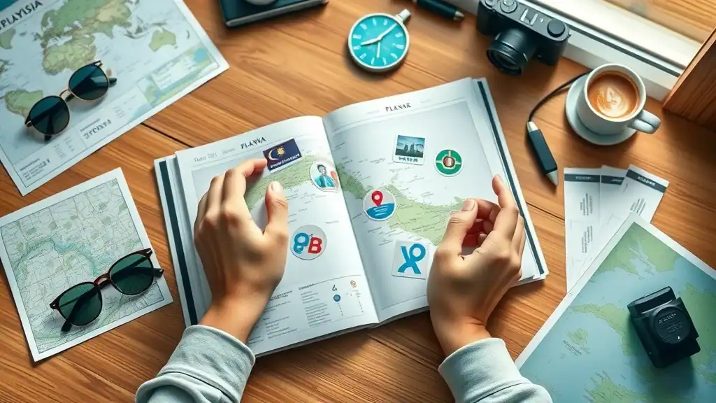 Malaysia itinerary planner with hands placing stickers on a Malaysia map surrounded by travel essentials