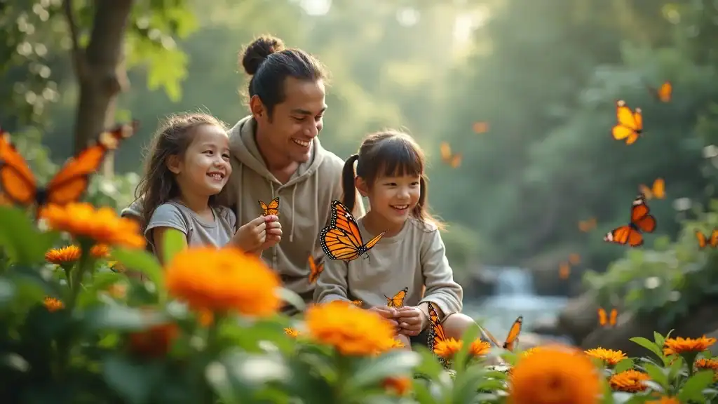Butterfly Park Kuala Lumpur travel guide: Lush tropical garden with family watching vibrant butterflies, photorealistic natural textures, gentle sunlight and immersive realism.