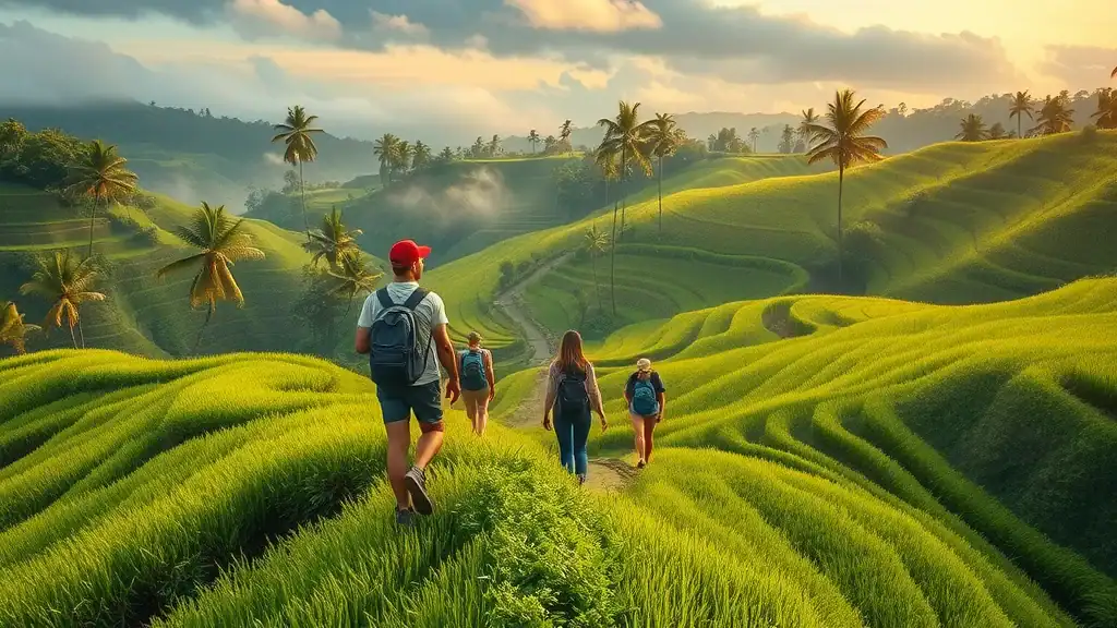 Lush Bali rice terrace landscape with travelers exploring at sunrise - Bali travel guide