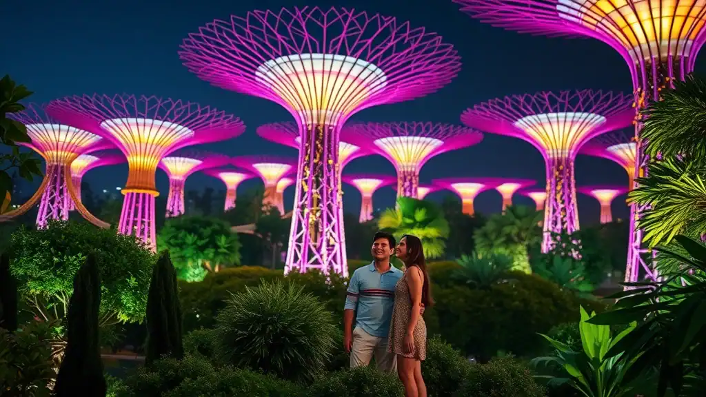 Singapore tourist tips – Stunning Gardens by the Bay, joyful couple exploring Supertree Grove illuminated at night, lush greenery and vibrant lights, photorealistic.