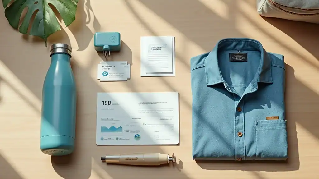 Kuala Lumpur travel guide: Neatly arranged travel essentials including lightweight clothing, travel documents, adapter, and reusable water bottle on sunlit wooden surface, photorealistic.