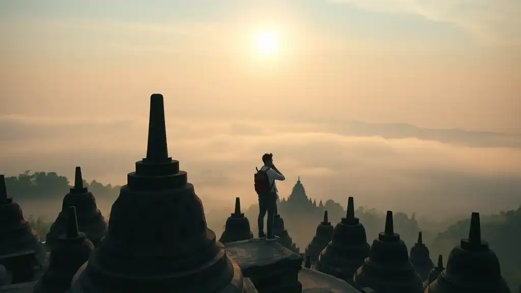 Misty sunrise over Borobudur Temple, discover indonesia, central java, tranquil and historic, photorealistic