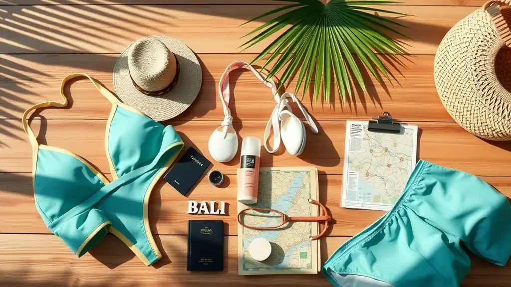 Organized Bali travel essentials: map, local currency, passport, travel gear - Bali travel guide